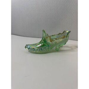Fenton Green Iridescent Carnival Glass Slipper Hand Painted J Prayer Signed USA